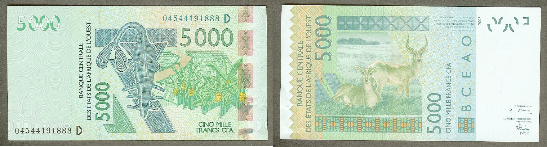 Afrique de l'Ouest 5000 Francs type 2003   04544191888D SUP+